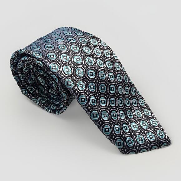 Croft & Barrow Teal Blue Geometric Pattern Tie 100% Polyester Handmade - Picture 1 of 9